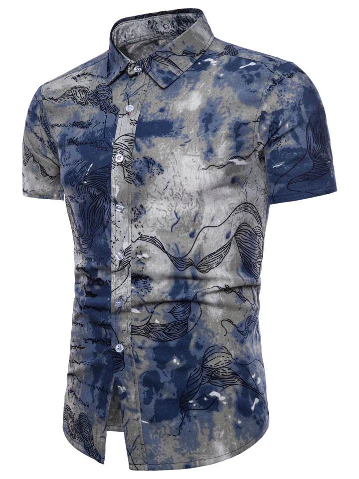 Summer Men's New Men's Square Collar Slim Type Short-sleeved Shirt Printed Fashion Urban Shirt
