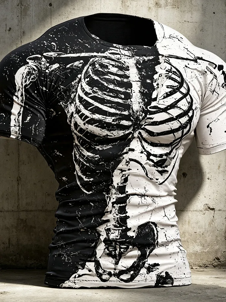 Men's Halloween Skeleton Art Black And White Color-block Distressed Crewneck T-shirt