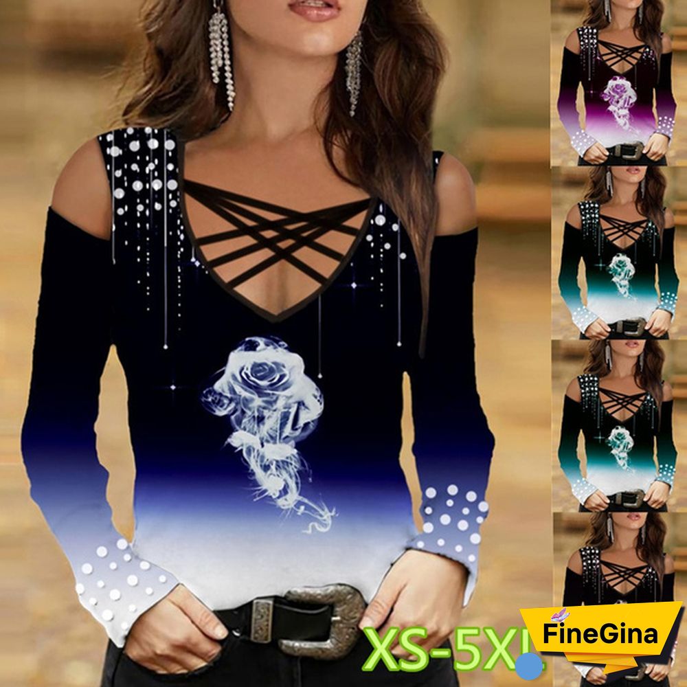 Women's T-shirt Spring and Summer New Fashion Women's Strapless Long Sleeve Flower Printed Slim Strap Cross Neck V-neck T-shirt Soft and Comfortable Thin Top XS-5XL