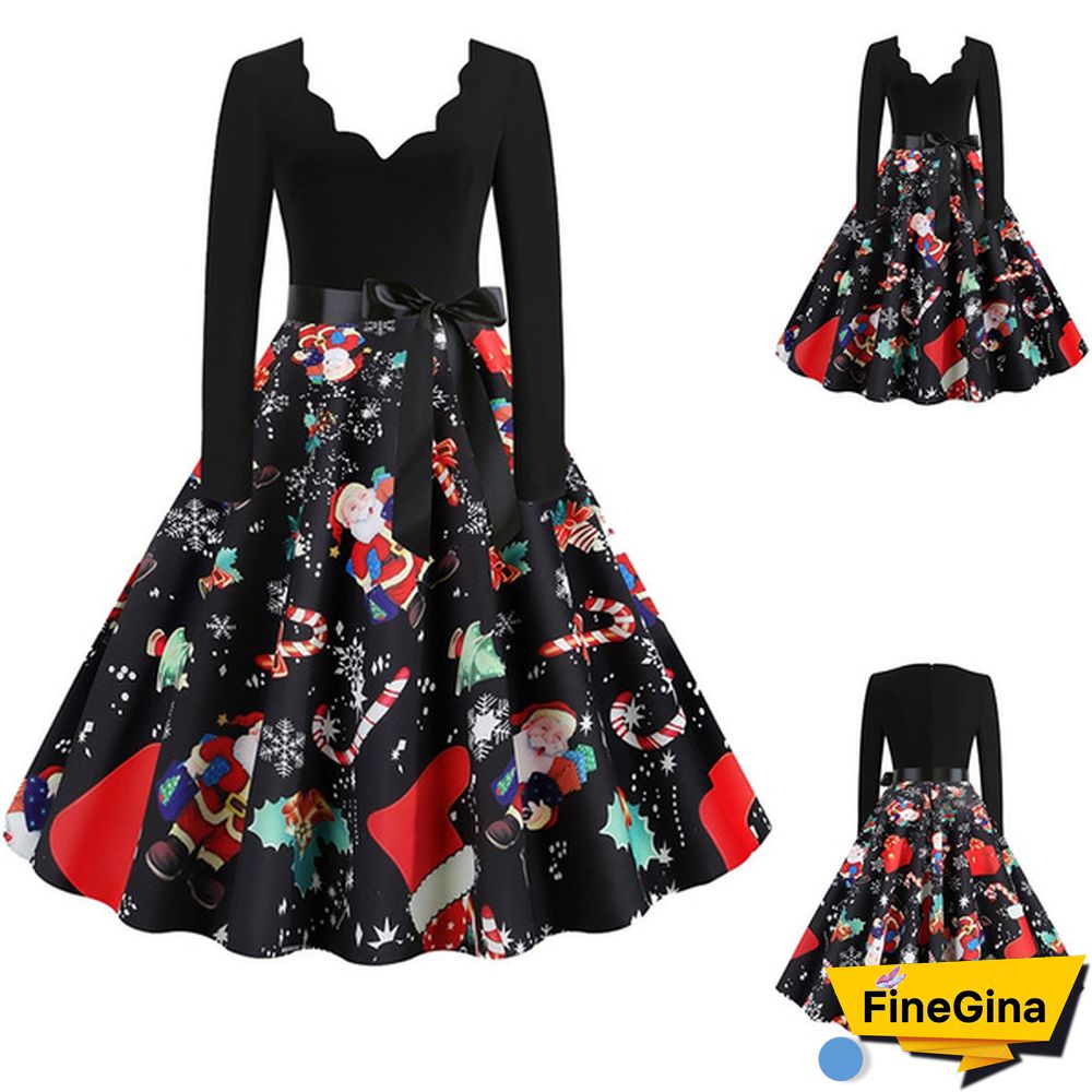Womens Fashion Casual Dress Lace V Neck Christmas Deer Musical Notes Cat Print Santa Cluas Snowflake Dress Christmas Dress Print Vintage Flare Dress Bowknot High Waist Swing Dress