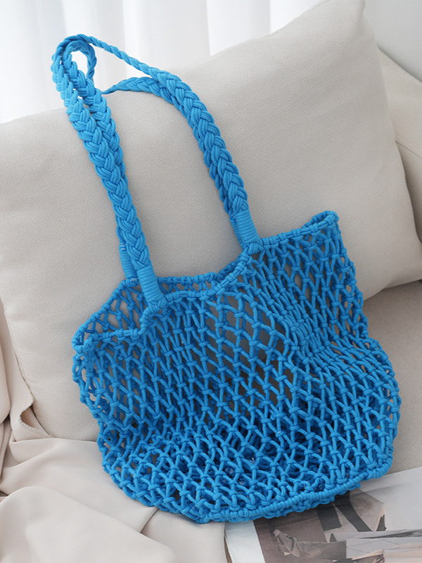 Hollow Woven Bucket Holiday Style Solid Color Lazy Wind Cotton Rope Beach Bag