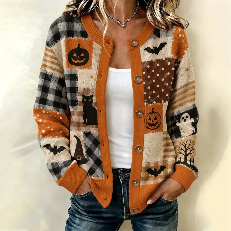 Comstylish Women's Halloween Element Plaid And Stripe Print Sweater Cardigan