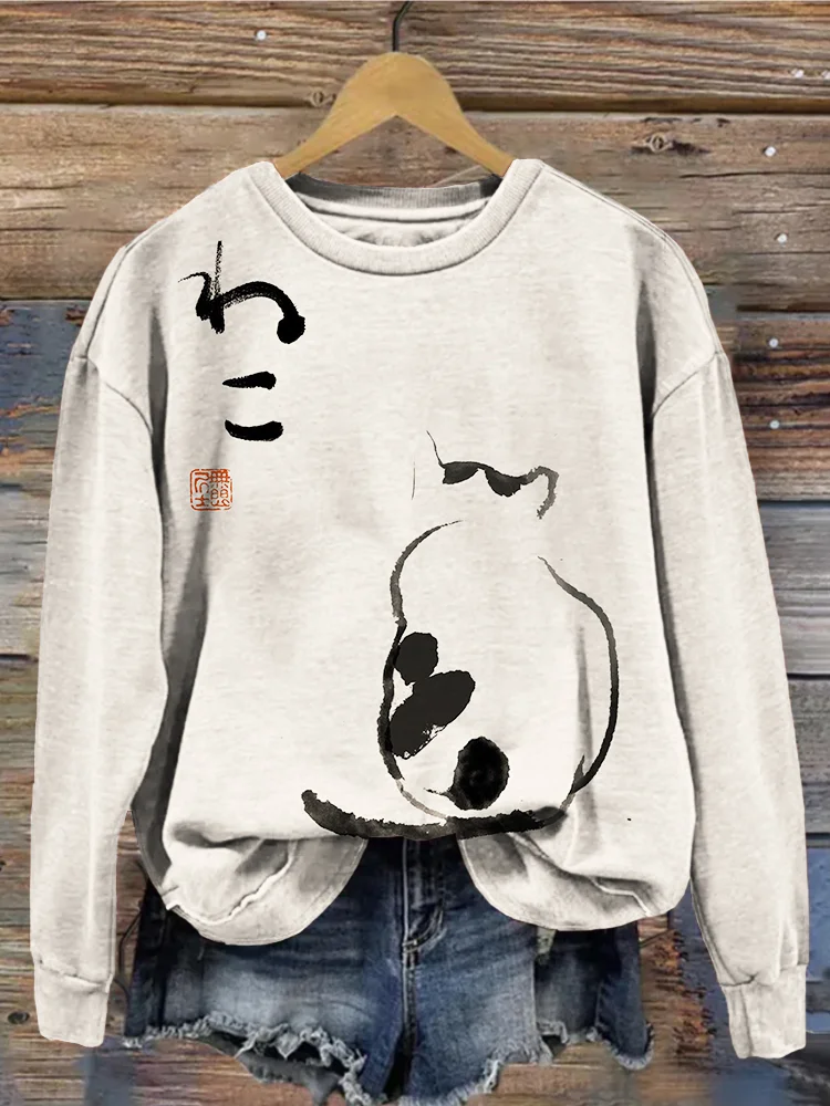 Comstylish Japanese Minimalist Cat Art Vintage Cozy Sweatshirt