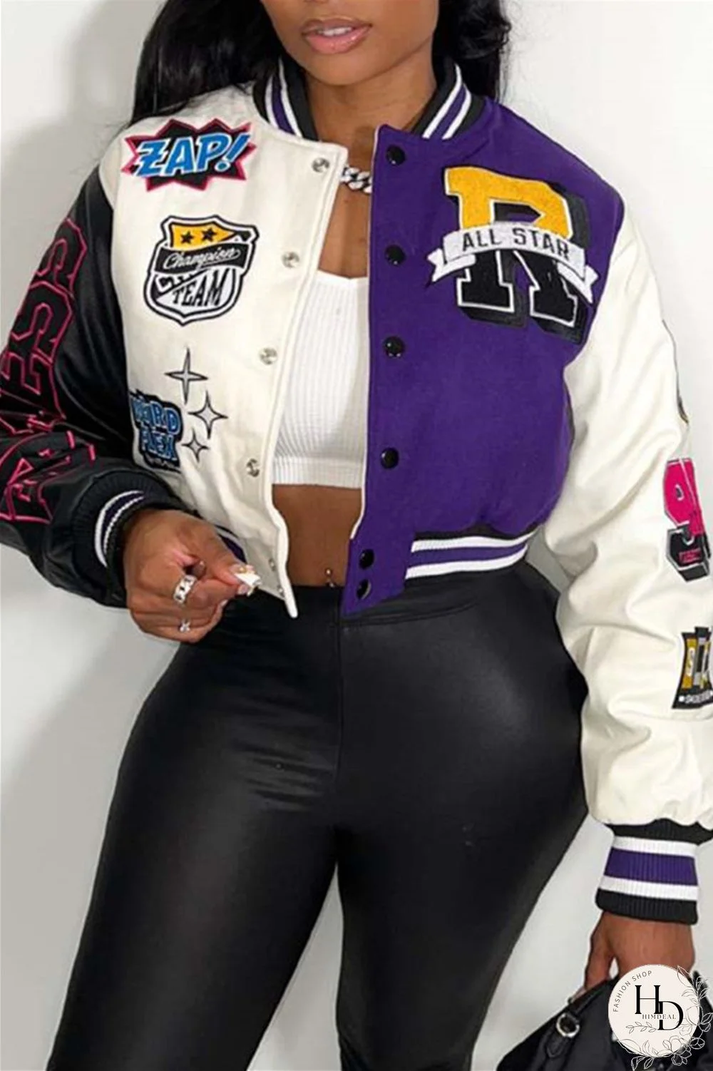 Purple And White Casual Print Patchwork O Neck Outerwear