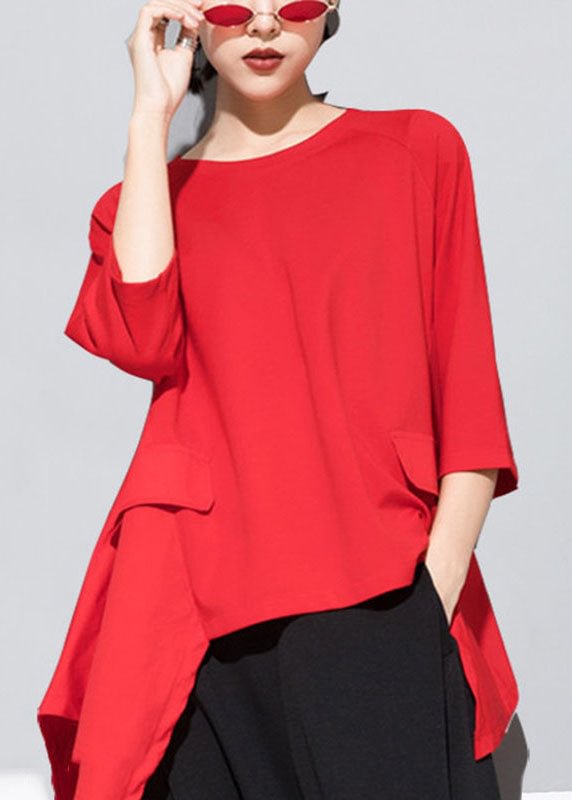 Fitted Red O-Neck Patchwork asymmetrical design Fall Half Sleeve Top CK1783- Fabulory