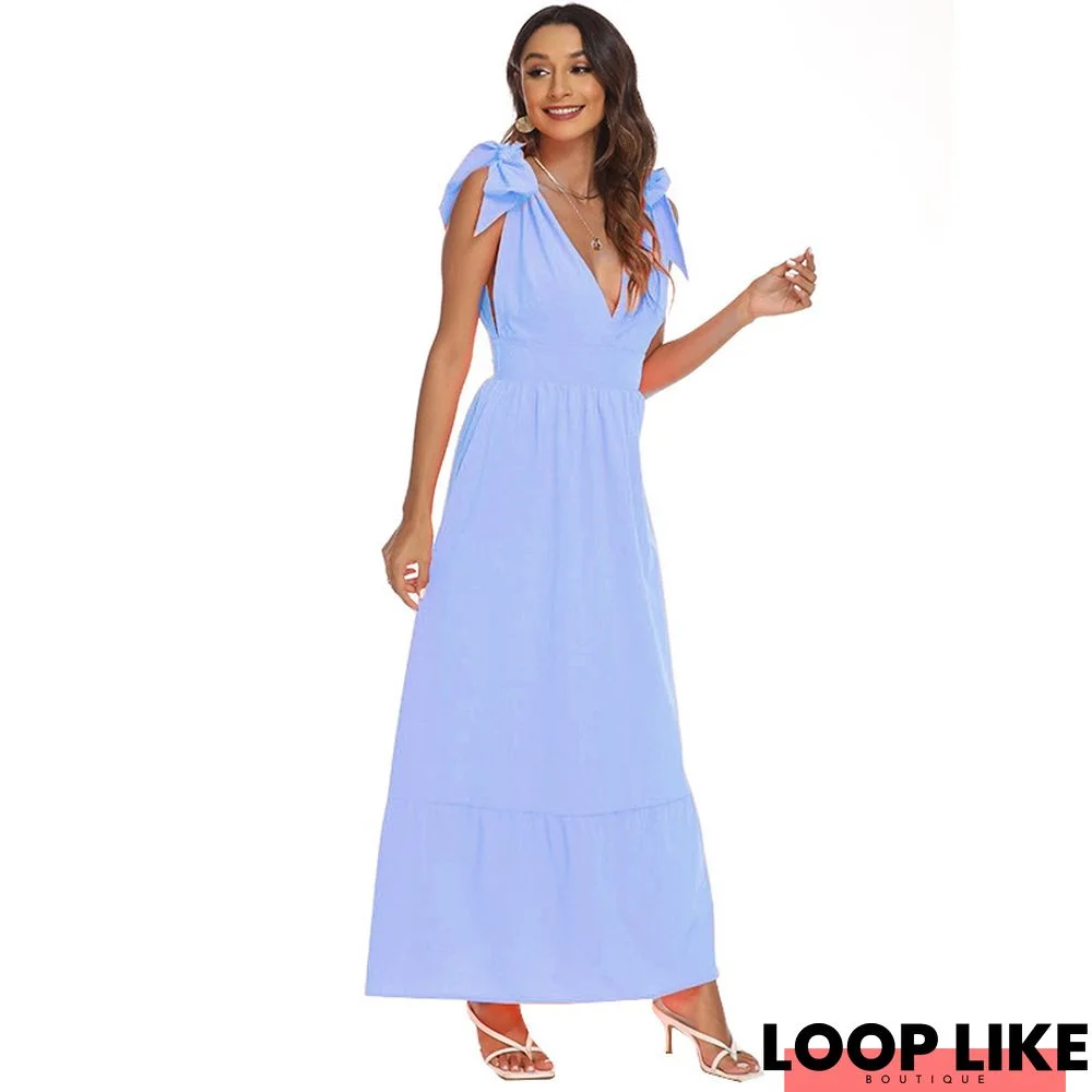 V-Neck Solid Color Dress Bow Tie Long Dress Bohemian Dress