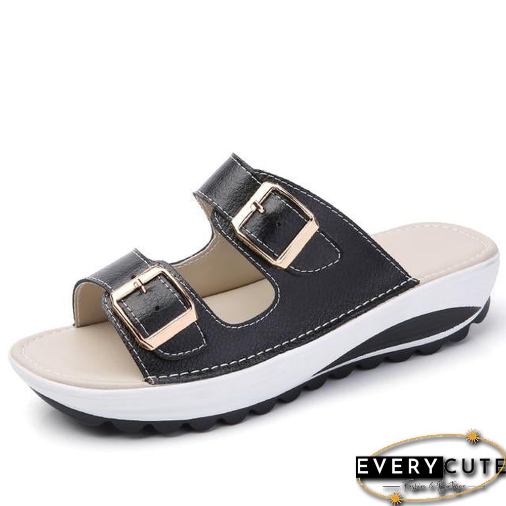 Women Platform Leather Buckle Flats Light Soft Comfortable Slides Sandals