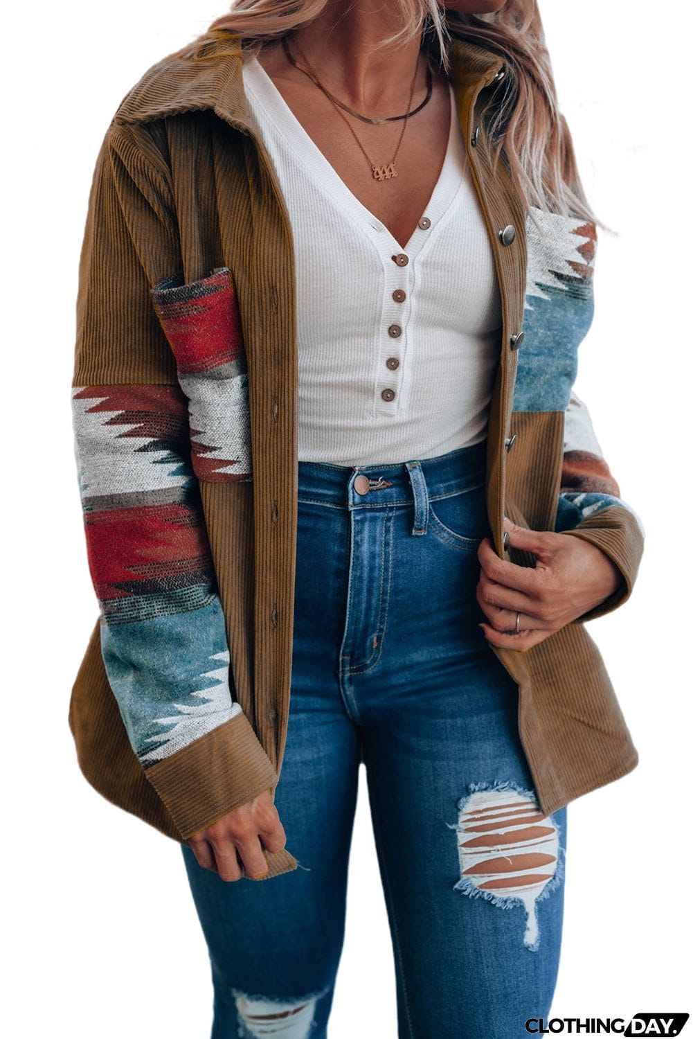 Aztec Pattern Corduroy Shacket
