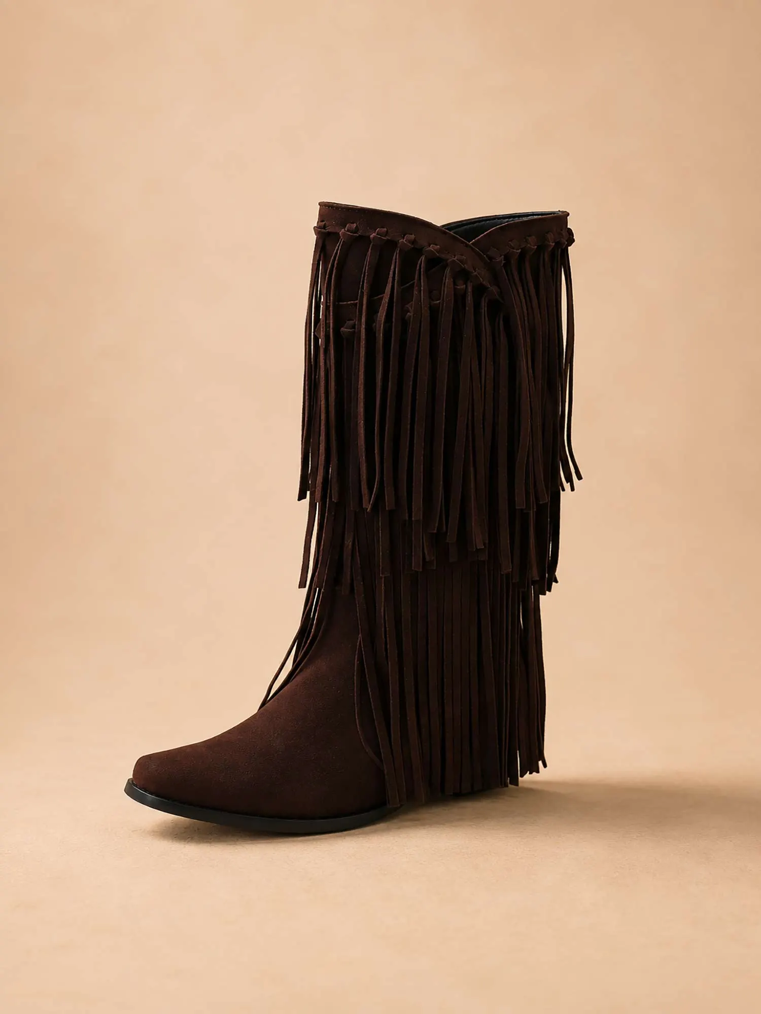 Tiered Fringe Spring/Summer 2026 Faux Suede Women's Mid-Calf Western Boots