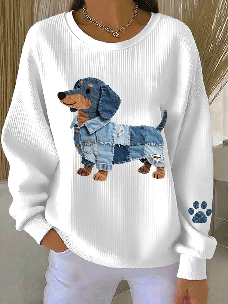 Women's Denim Patchwork Art Dachshund Pattern Sweatshirt