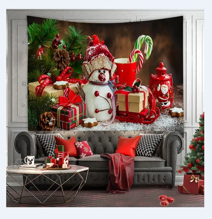 Christmas Tree Print Tapestry Wall Hanging Background Cloth Decor Red Santa Claus Polyester Tapestry Home Room Wall Decoration