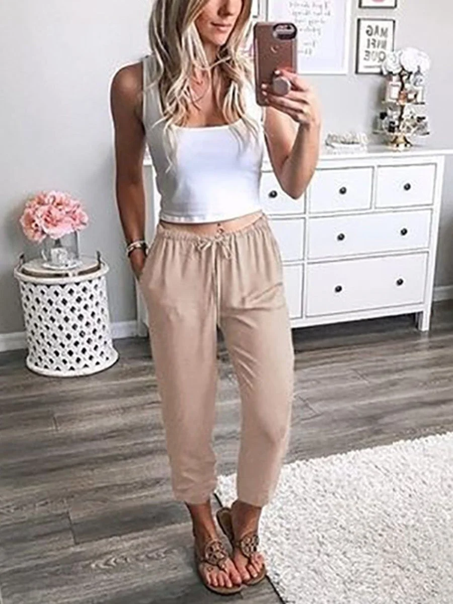Drawstring Elastic Waist Solid Color Pants