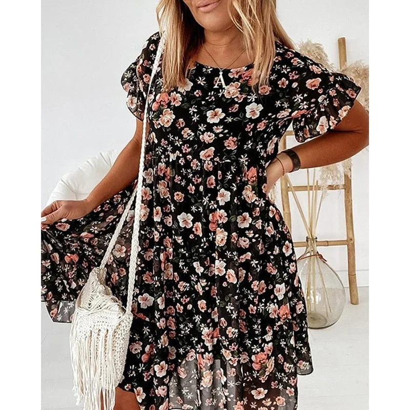 Summer Floral Boho Dress 2021 Elegant Women Bohemian Beach Short Sleeve Ruffles Dress Casual Female Mini Dresses for Women