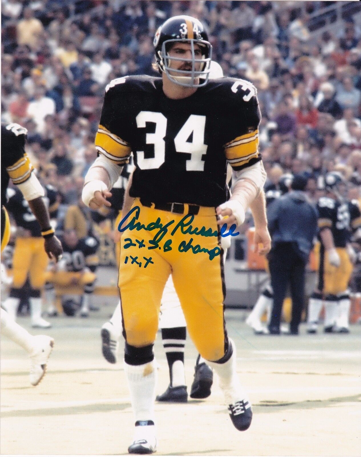 ANDY RUSSELL PITTSBURGH STEELERS 2 X SB CHAMPS IX,X ACTION SIGNED 8x10