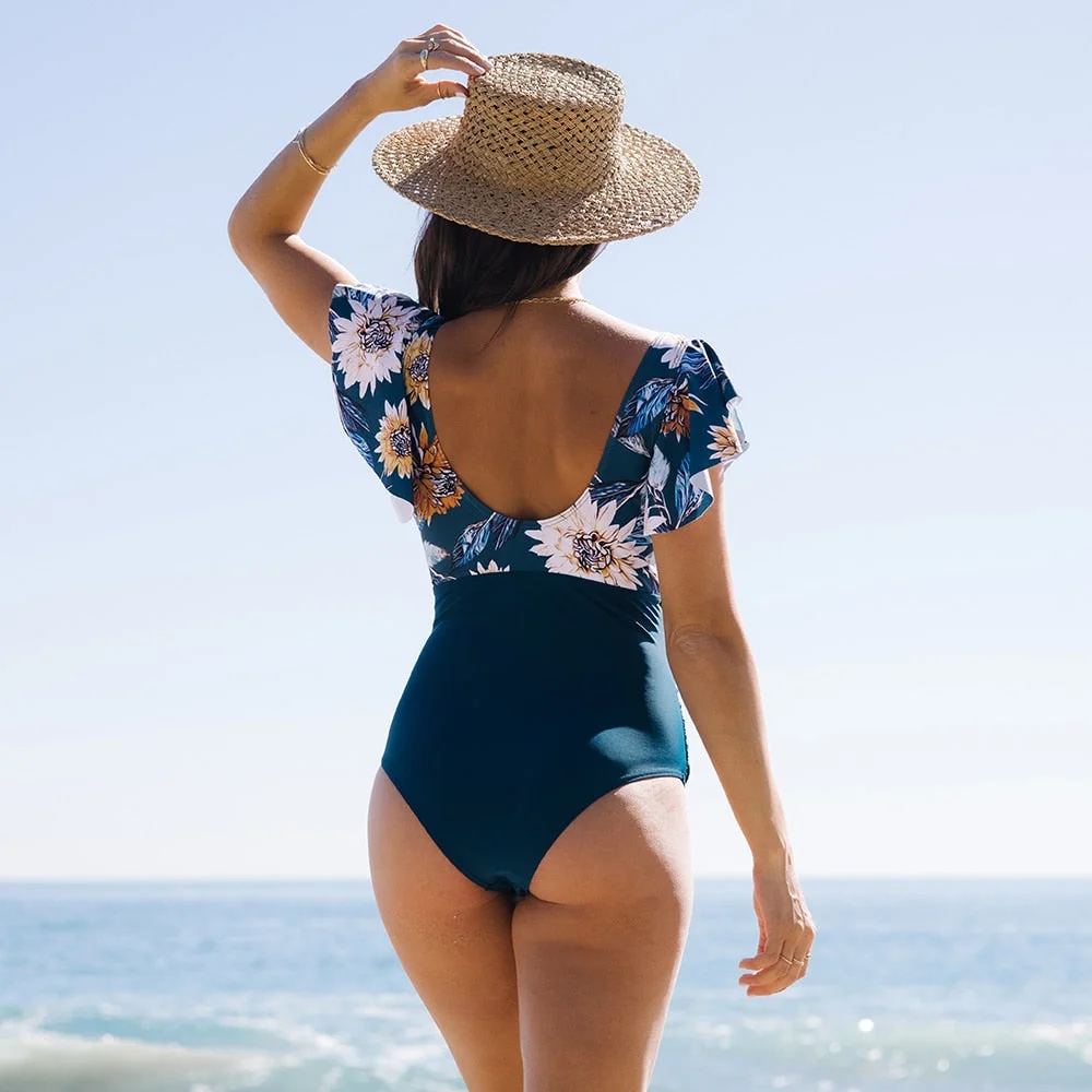 2021 New Sexy One Piece Swimwear Women Ruffle Print Floral Swimsuit Backless Deep-V Bathing Suit Flounce Beach Wear Monokini