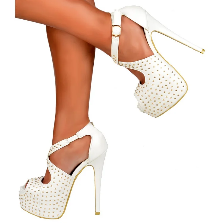 White Stiletto Heels Studs Cross Over Platform Ankle Strap Sandals |FSJ Shoes