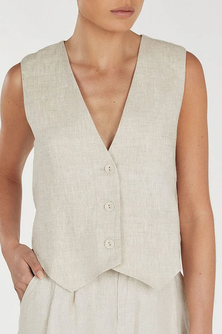 V Neck Button Up Sleeveless Irregular Hem Plain Linen Vest [Pre Order]