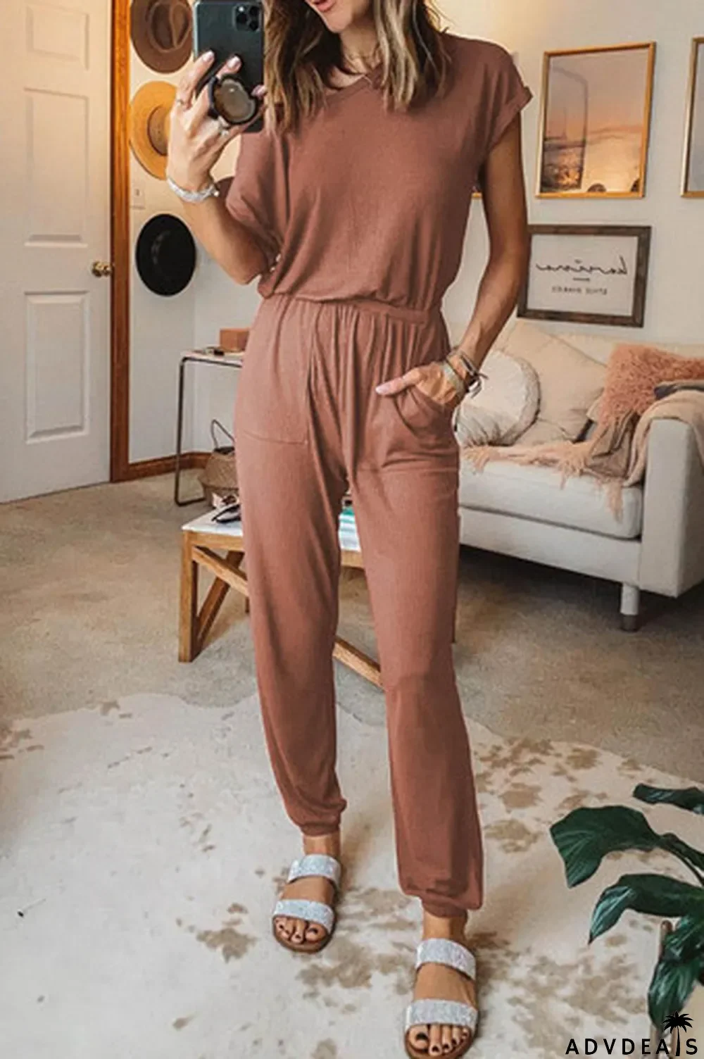 Red Ribbed Short Sleeve Jumpsuit