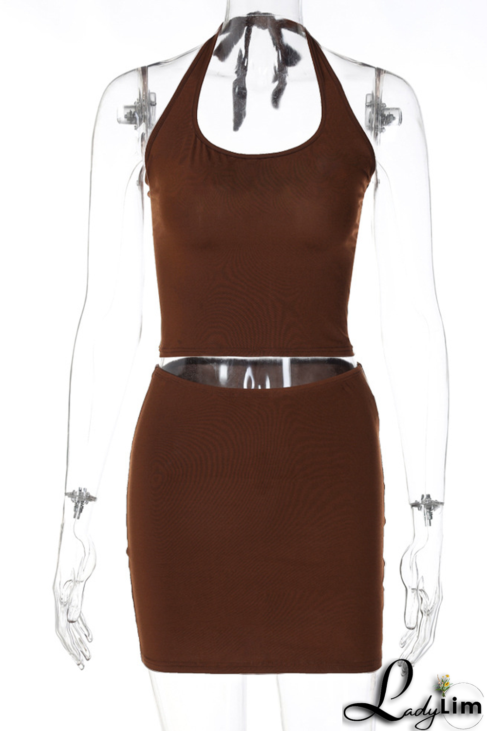 Coffee Sexy Solid Patchwork Halter Sleeveless Two Pieces