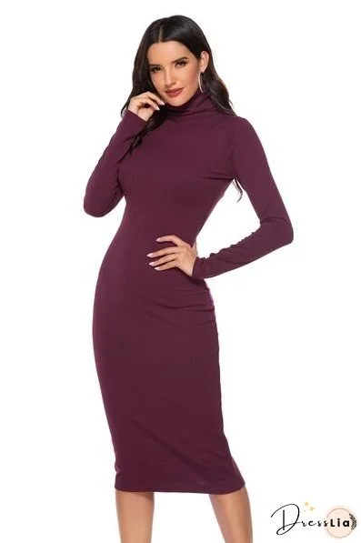 Ribbed Turtleneck Long Sleeve Dress