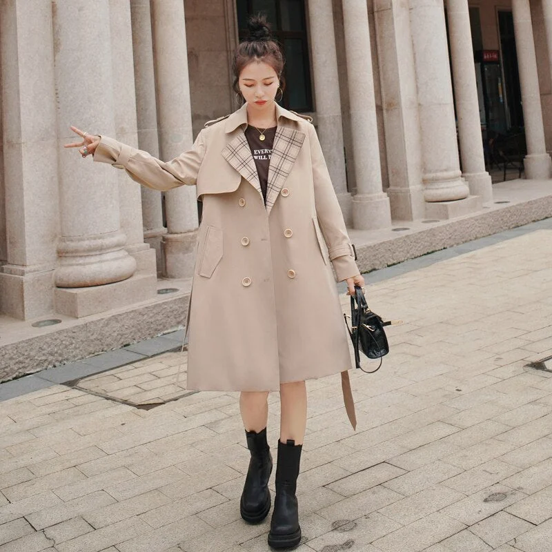Fashion England Style Women Trench Coat Double-Breasted Long Duster Coat Plaid Patchwork Outerwear Spring Autumn Windbreaker