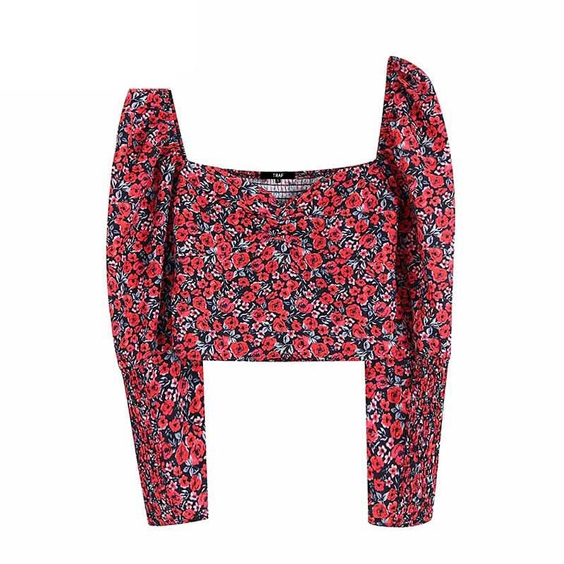 TRAF Women Vintage Stylish Floral Print Short Style Blouses Fashion V Neck Long Sleeve Back Elastic Female Shirts Chic Crop Top
