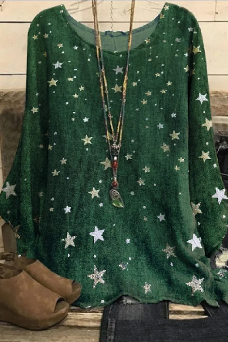 Plus Size Christmas Green Linen Star Print Long Sleeve Blouse  Flycurvy [product_label]
