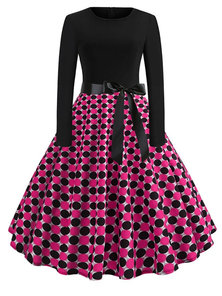 Floral Print Vintage  Women New Spring Elegant Party Long Sleeve Casual Black Patchwork Midi Dress