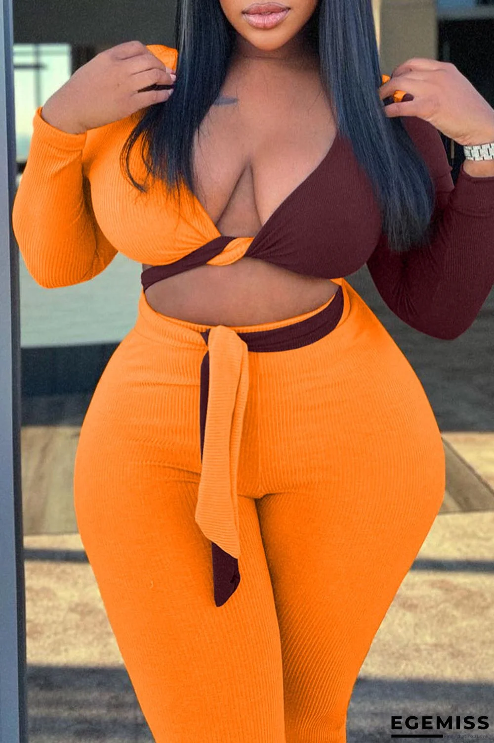 Tangerine Red Sexy Solid Bandage Patchwork V Neck Plus Size Two Pieces | EGEMISS