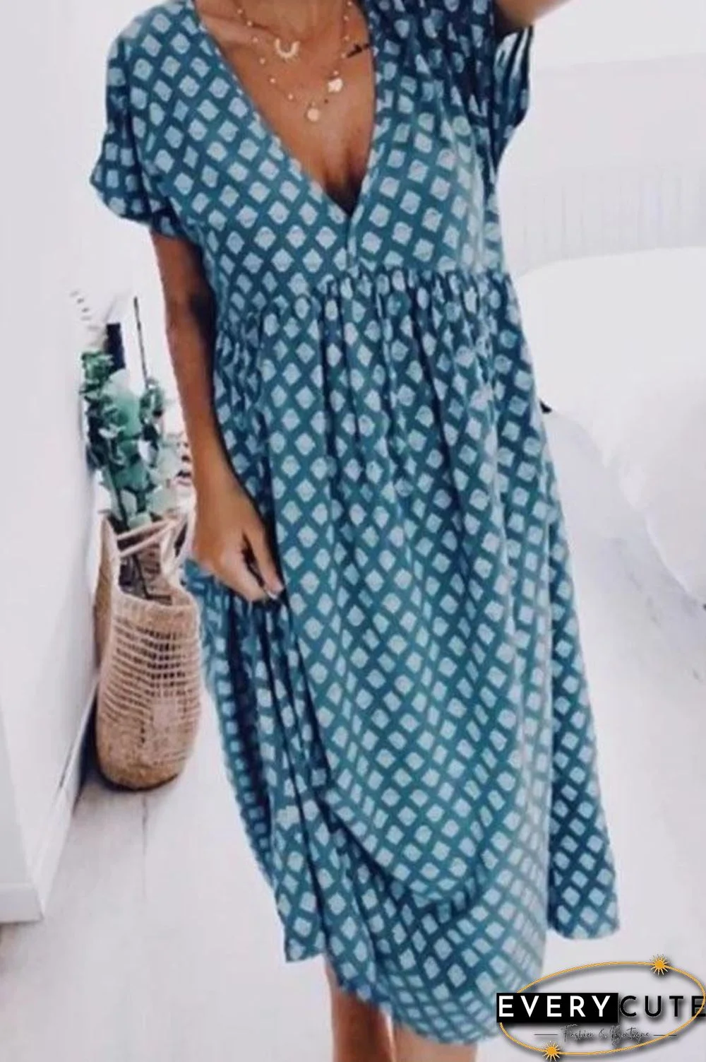 Geometric Paneled Print V-neck Casual Midi Dress