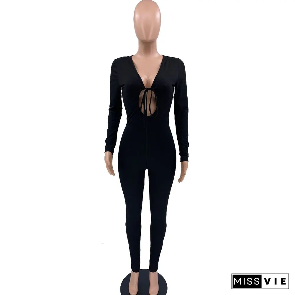 Lace Up Cut Out Long Sleeve Bodycon jumpsuit