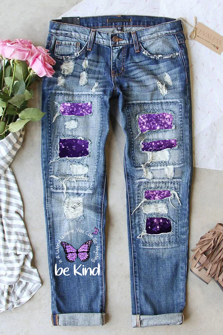 PURPLE BUTTERFLY GRAPHIC DISTRESSED MID WAIST RIPPED JEANS
