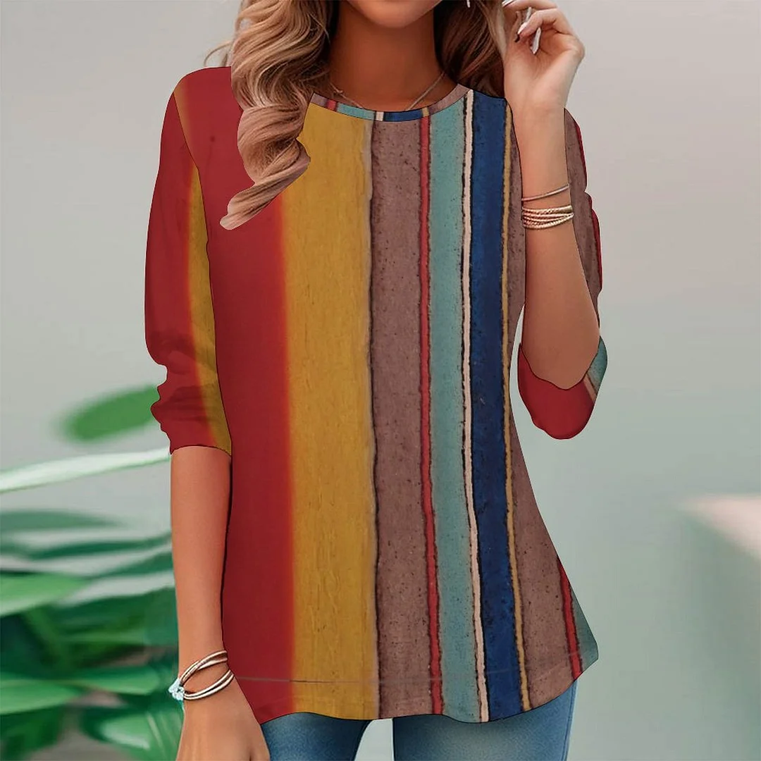 Vintage Printed Long Sleeve Plus Size Tunic for  Women and Men Unisex Pattern Striped,Blue,Red,Brown
