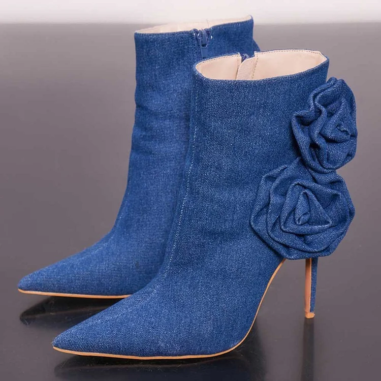 Blue Pointed Toe Stiletto Heel Booties Stylish Floral Denim Boots |FSJ Shoes
