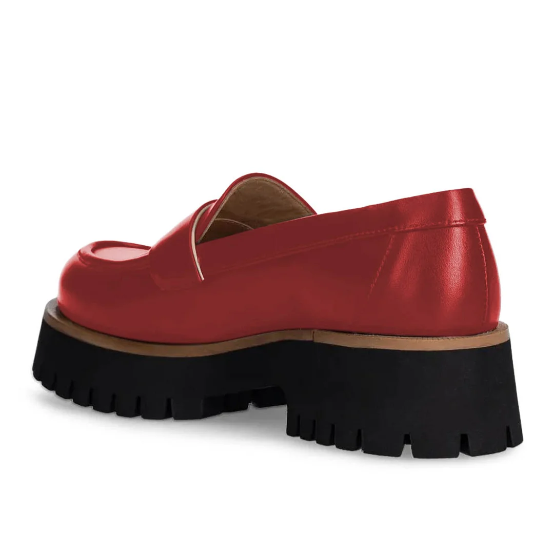Classic Red Vegan Leather Round Toe Lug Sole Chunky Loafers
