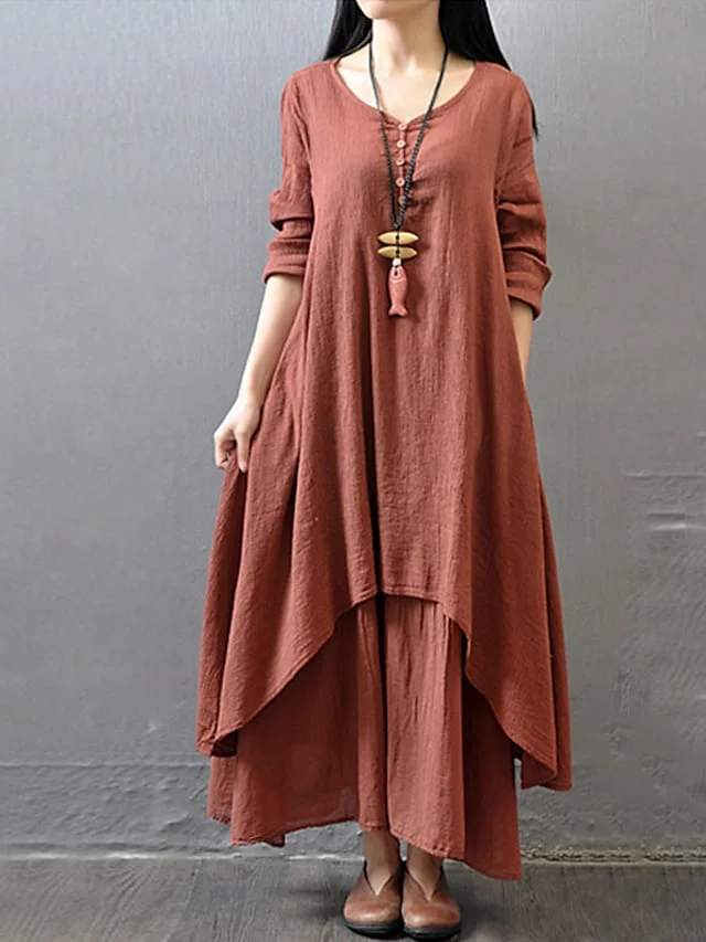 Women's Cotton Linen Dress Casual Dress Linen Dress Maxi long Dress Cotton Cotton And Linen Stylish Casual Winter Dress Daily Holiday V Neck Button Layered Long Sleeve Summer Spring Fall 2022 Loose | IFYHOME