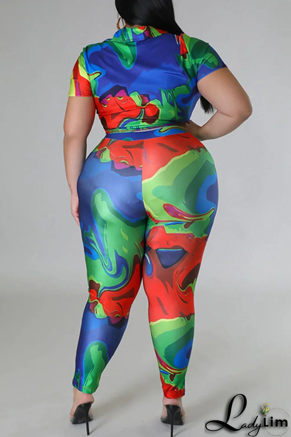 Red Casual Street Print Patchwork Buckle Asymmetrical Turndown Collar Plus Size Two Pieces