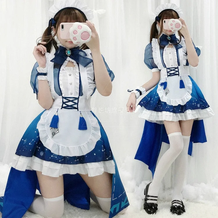 Harajuku Maid Short Sleeve Chiffon Sweet Blue and White Lolita Dress SP17010