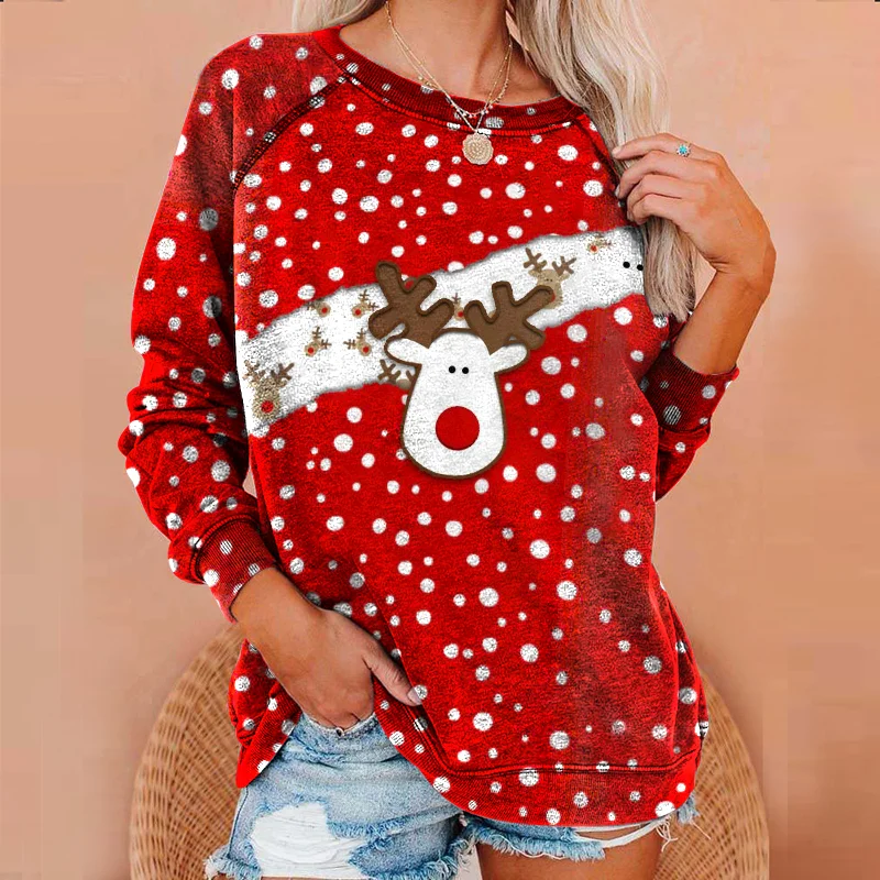 Polka Dot Reindeer Print Crew Neck Casual Sweatshirt