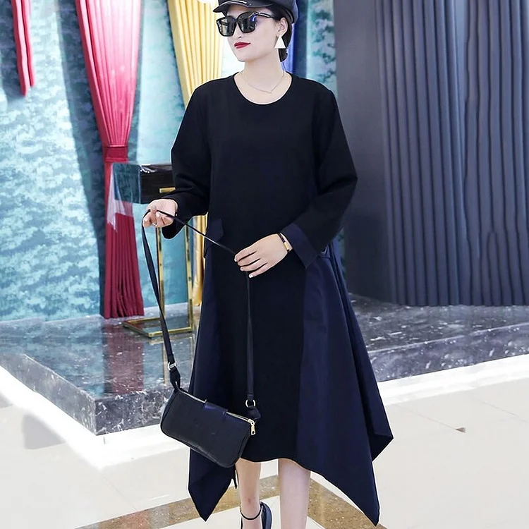 Temperament Solid Color O-neck Patchwork Irregular Hem Long Sleeve Dress       