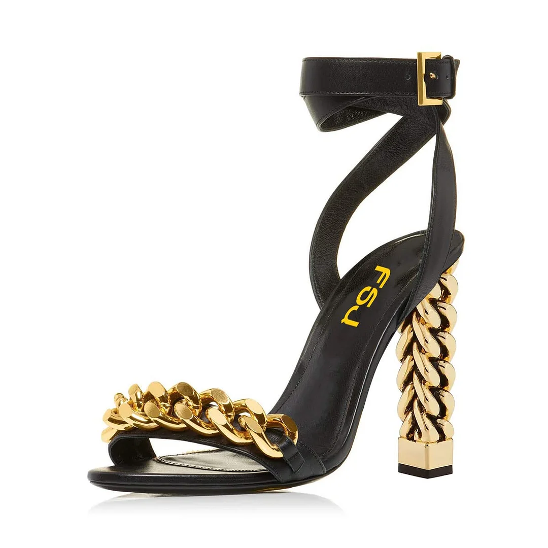 Black Open Toe Gold Chain Decorative Heel Ankle Strap Women's Sandals Nicepairs