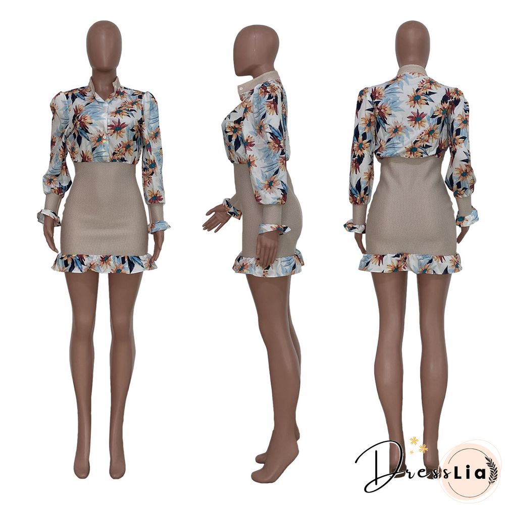 Floral Printed Patchwork Long Sleeve Ruffle Hem Dress