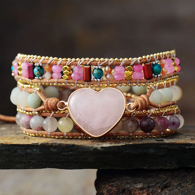 Pink crystal heart-shaped leather multi-layered bracelet