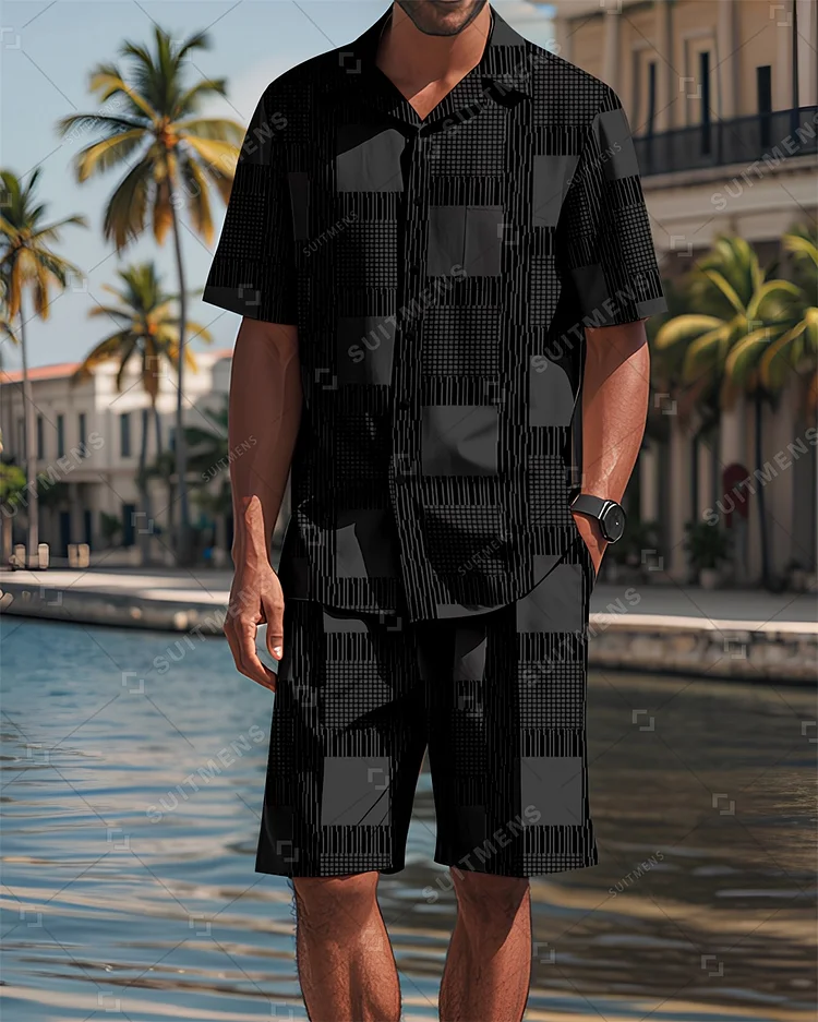 Men's Casual Vacation Hawaiian Cuban Collar Short Sleeve Shirt Set 0015