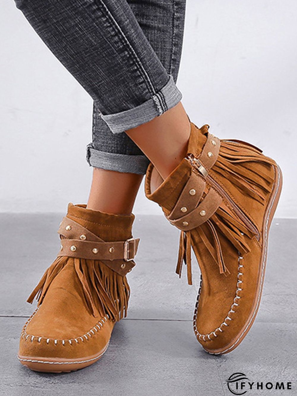 Vintage Fringe Studded Flat Round Toe Buckle Booties | IFYHOME