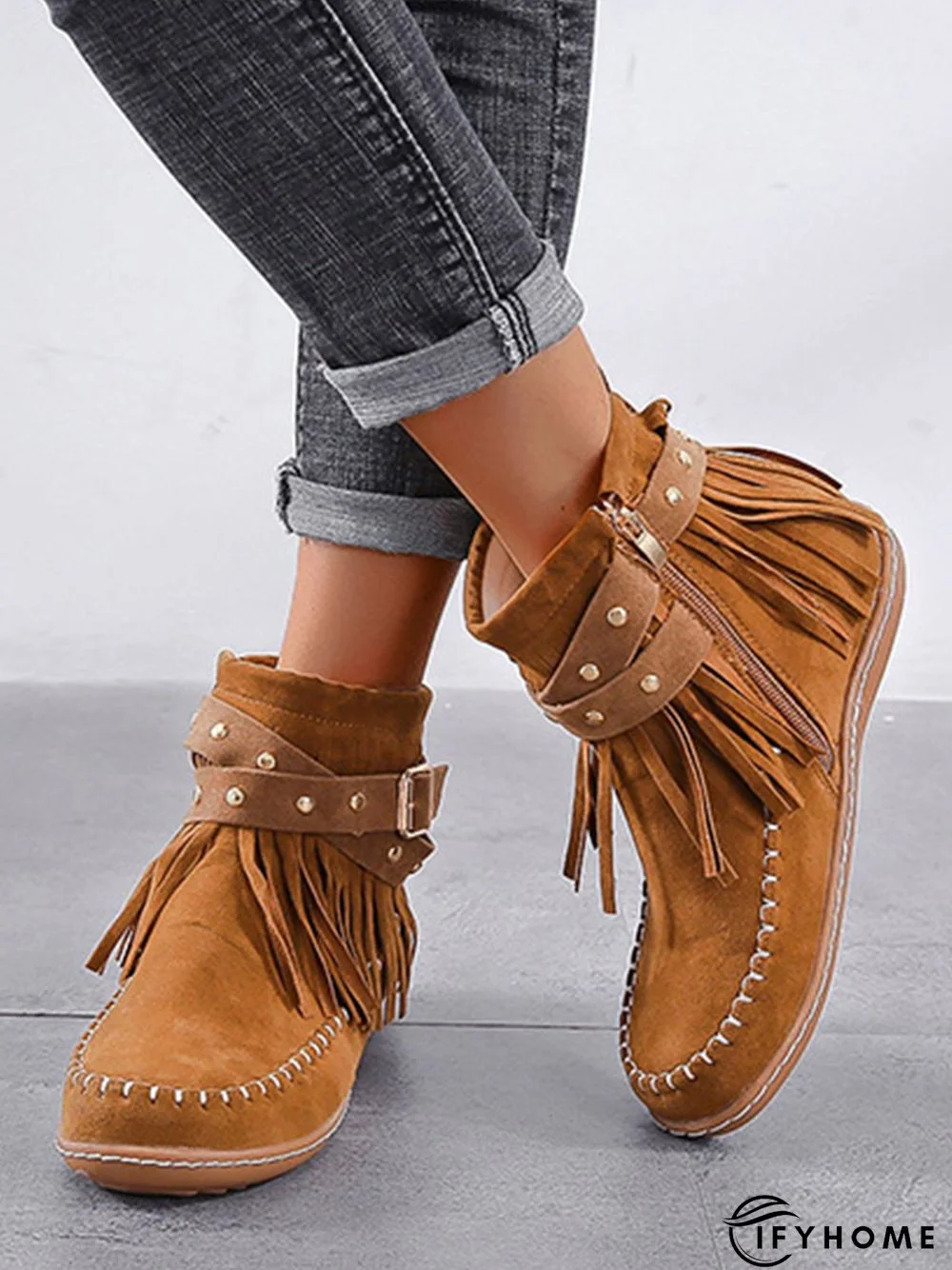 Vintage Fringe Studded Flat Round Toe Buckle Booties | IFYHOME