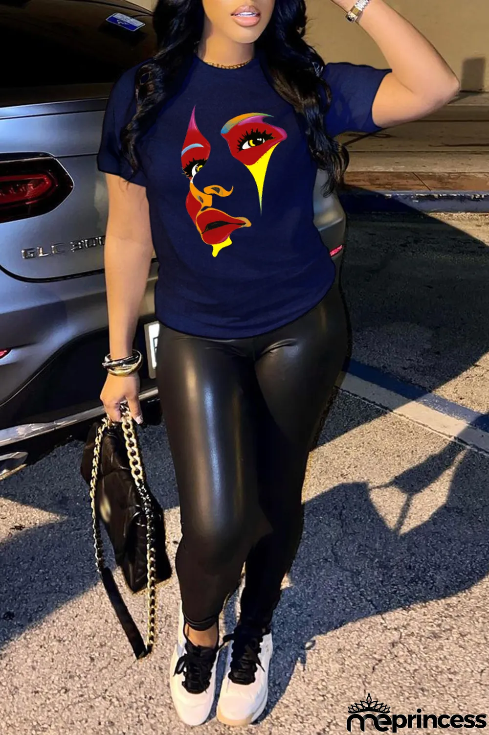 Black Street Print Patchwork O Neck T-Shirts