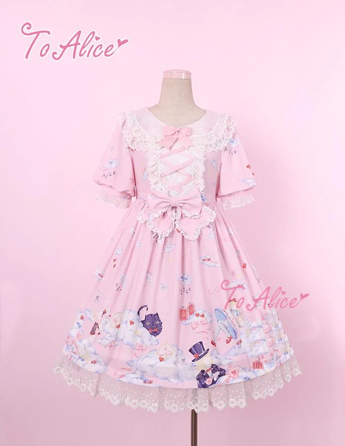 Navy/Pink/Blue Pastel Lolita Printing Dress SP179788