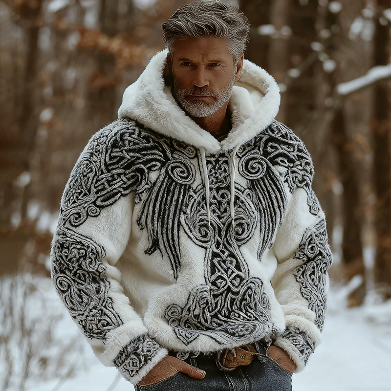 Men's Viking Wing Pattern Warm Flannel Hoodie elevenforest