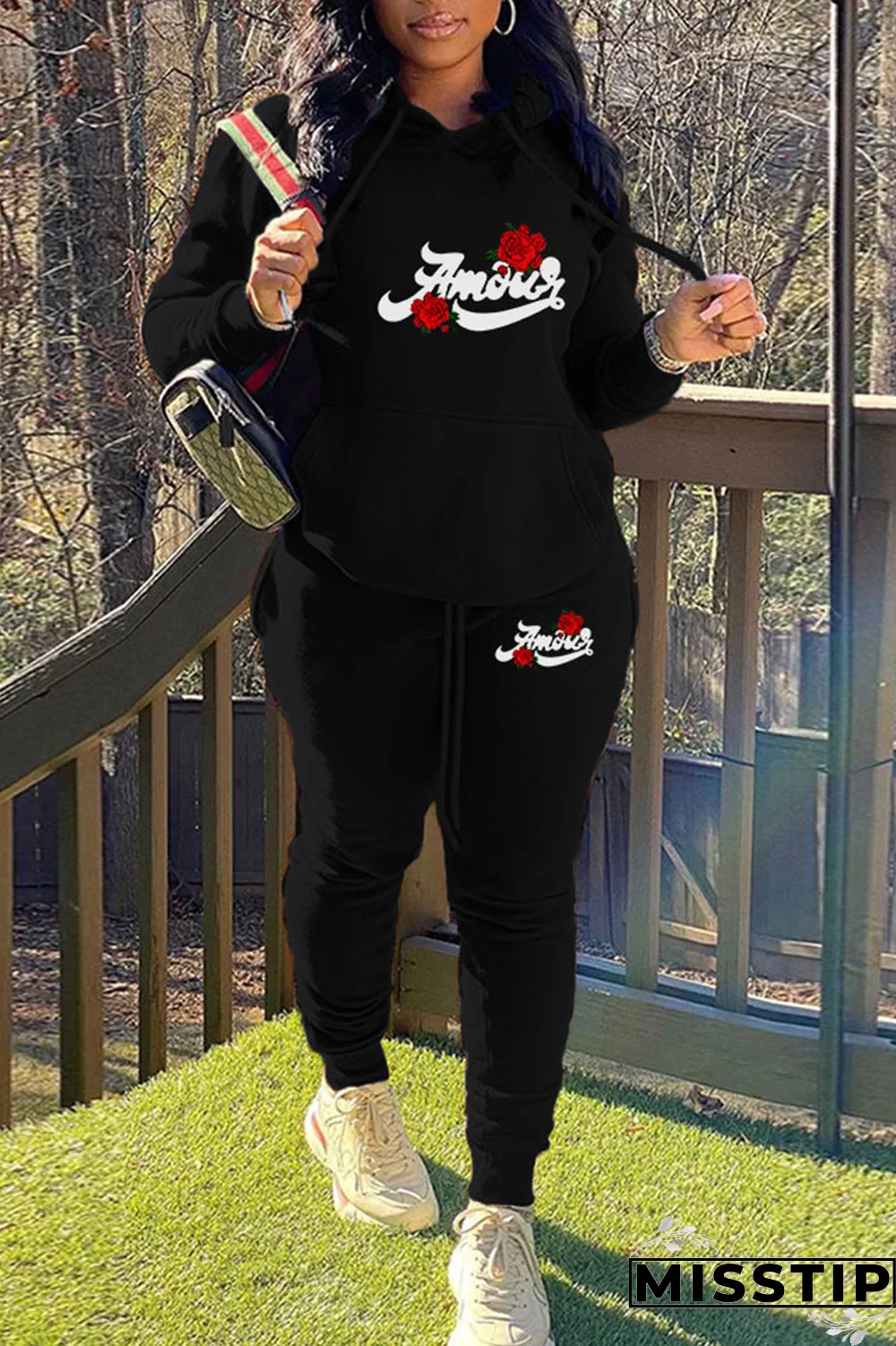 Burgundy Casual Print Draw String Hooded Collar Long Sleeve Two Pieces